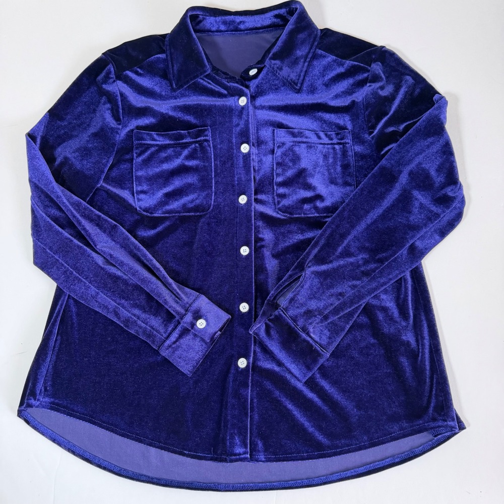 Purple Velvet Button Down Long Sleeve Blouse Top Size M Jewel Tone Retro Witchy